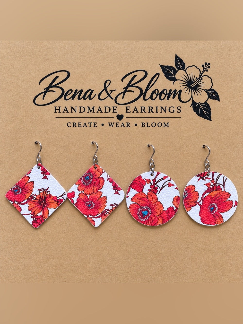 Red Floral Leather Drop Earrings